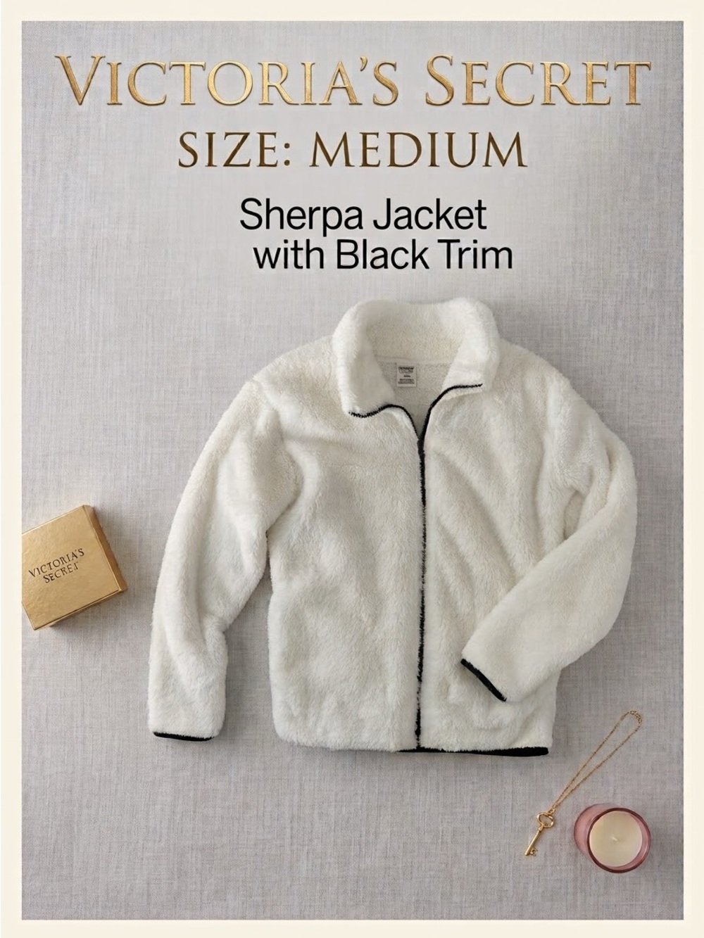 Victoria’s Secret PINK Women’s Teddy Fleece Sherpa Jacket Full-Zip Wht/Black M